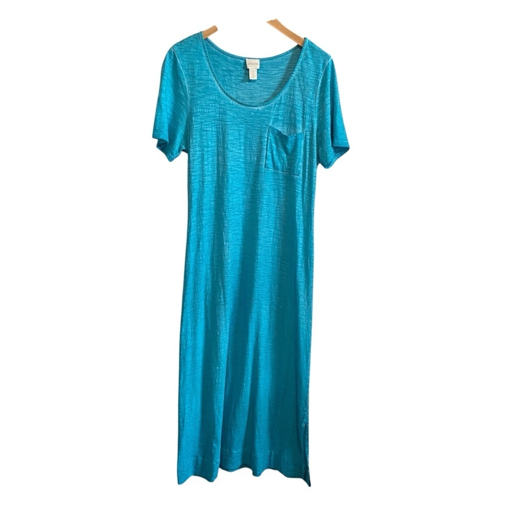 Chico's Light Blue Scoop Neck Cotton Blend Pocket Long Tee Shirt Dress Size 1/M